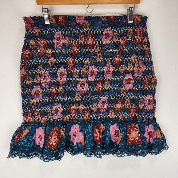 Farm Rio‎ Anthropologie Smocked Flounce Mini Skirt XL Blue Pink Floral Stretchy - Picture 2 of 10